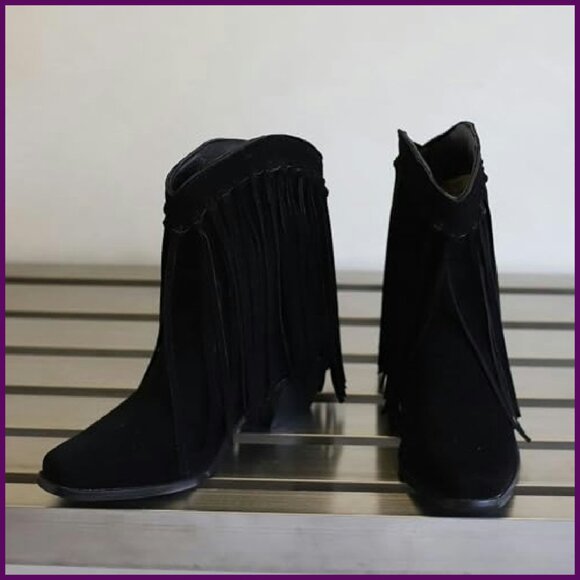 Suede Fringe Ankle Cowboy Boots Chunky Block Heel Western Booties - Picture 6 of 7